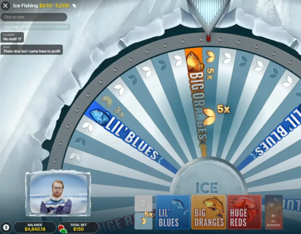 Ice Fishing game rules screen showing 53 Win Ways segments on the wheel, with Lil’ Blues, Big Oranges, and Huge Reds payouts explained.
