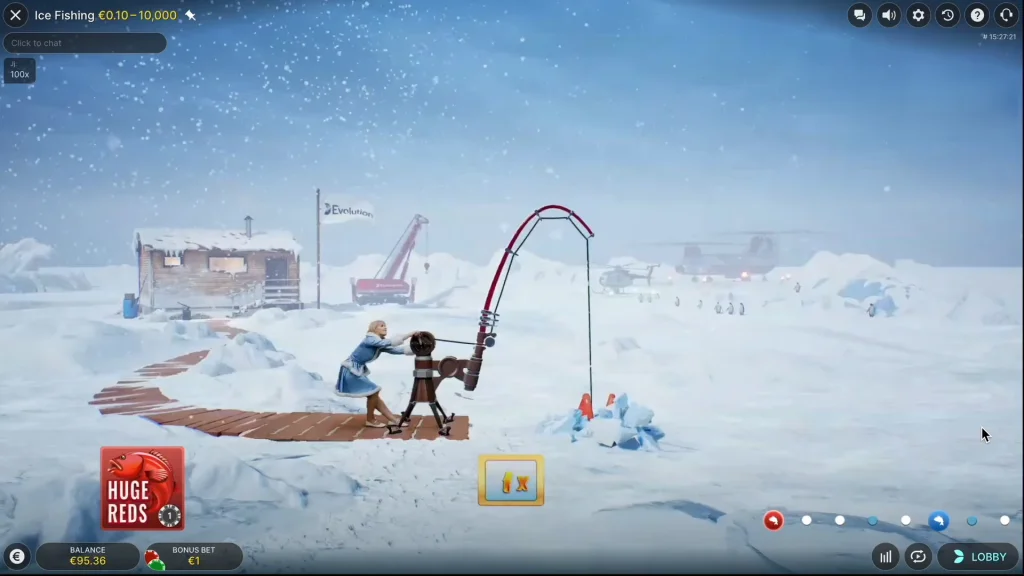 Ice Fishing scene with the host reeling in a catch on snowy ice landscape during the Huge Reds round.